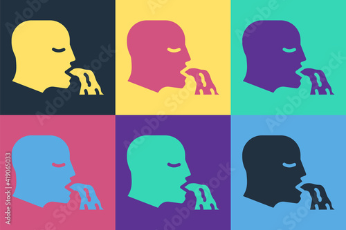 Pop art Vomiting man icon isolated on color background. Symptom of disease, problem with health. Nausea, food poisoning, alcohol poisoning concept. Vector.