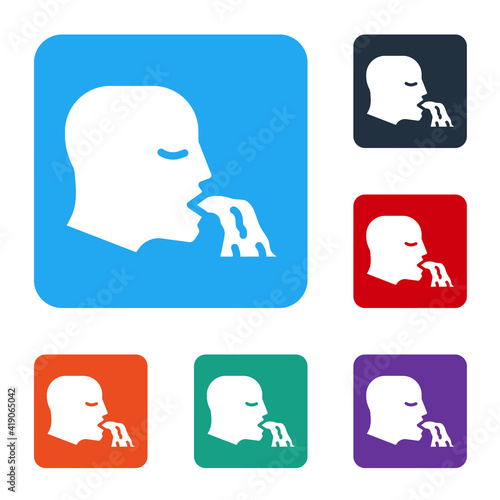 White Vomiting man icon isolated on white background. Symptom of disease, problem with health. Nausea, food poisoning, alcohol poisoning concept. Set icons in color square buttons. Vector.