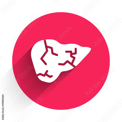 White Hepatitis virus on the human liver icon isolated with long shadow. World Hepatitis Day. Red circle button. Vector.
