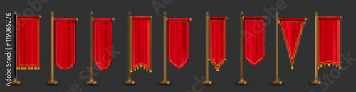 Red long pennant flags with golden tassel fringe isolated on transparent background. Vector realistic template of blank textile pennons different shapes on gold pillars