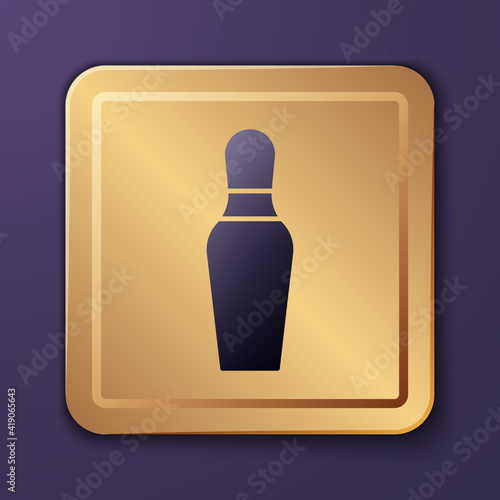 Purple Bowling pin icon isolated on purple background. Gold square button. Vector.