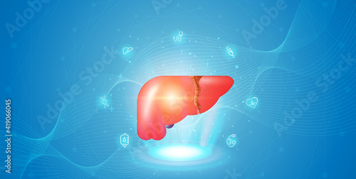 Human liver and treatment with technology innovation. A concept hospital for wallpaper and web.