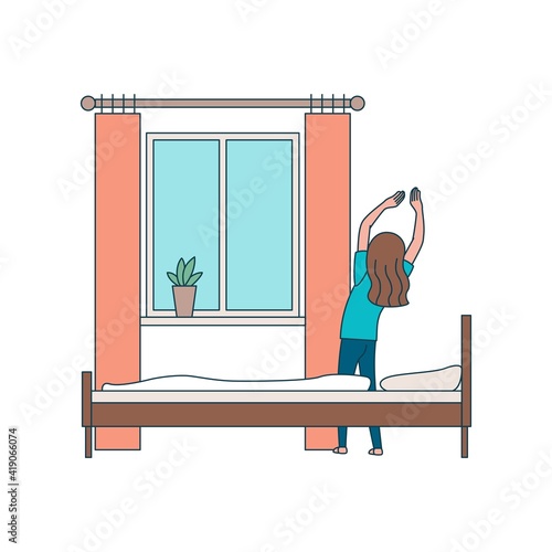 The young girl woke up and stretches. Cheerful morning. Vector illustration