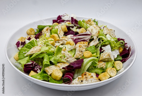 Chicken Salad with grilled chicken and croutons. Grilled chicken breast and fresh salad