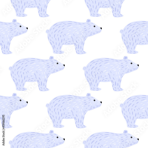 Zoo seamless pattern with cute doodle polar bear ornament. Isolated print with blue animal silhouettes.