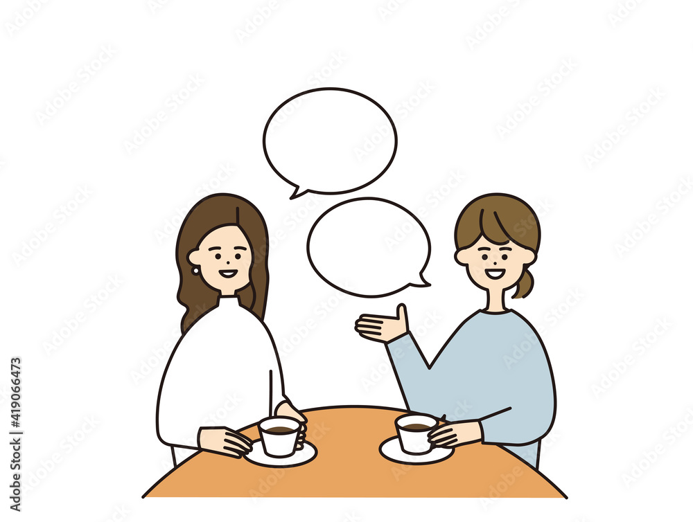 女性　二人　吹き出し　会話　情報交換　コーヒー