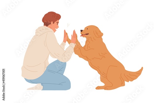 Scene with smart dog giving high five to person. Man's hands clapping pet's paws. Concept of friendship between people and animal. Colored flat vector illustration isolated on white background