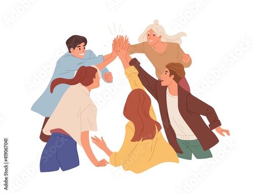 Team of happy colleagues giving high five, celebrating achievement, victory and success. Concept of unity, partnership and togetherness. Colored flat vector illustration isolated on white background