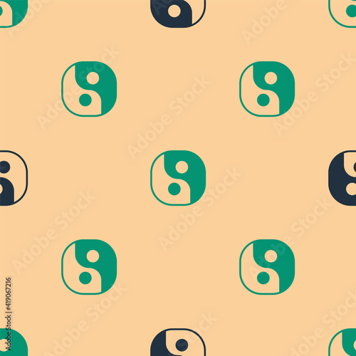 Green and black Yin Yang symbol of harmony and balance icon isolated seamless pattern on beige background. Vector.