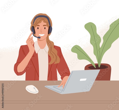 Operator of call center working online with laptop and headset. Manager of customer support service consulting clients through internet. Colored flat vector illustration of digital helpdesk