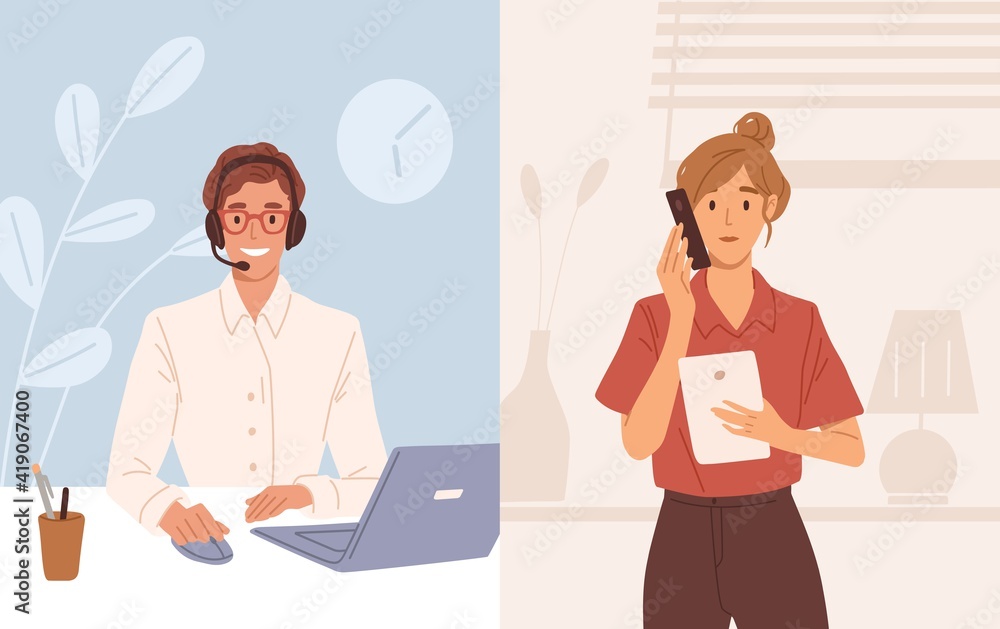 Woman with phone calling to customer support service. Operator of online consulting center during consultation with client. Colored flat vector illustration of online helpdesk or hotline Woman with phone calling to customer support service. Operator of online consulting center during consultation with client. Colored flat vector illustration of online helpdesk or hotline