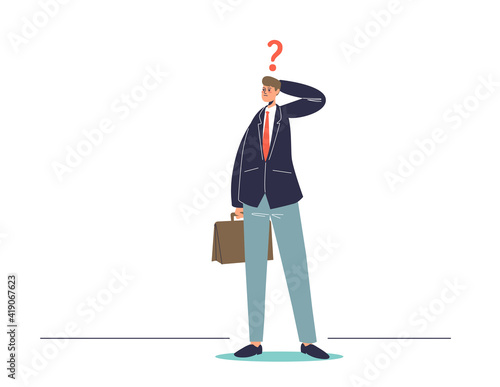Businessman with question mark pondering on business problem solution or strategy concept