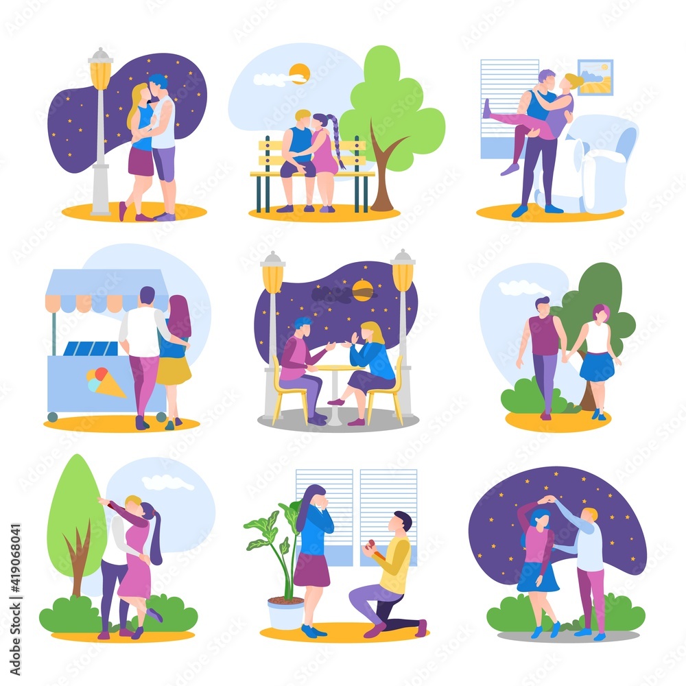Collection of romantic couples on date. Couple in love spending time and relaxing together. Young man and woman having dinner, walking in park, kissing flat vector illustration