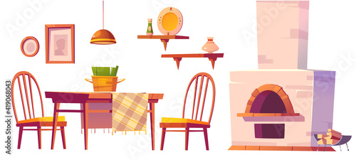 Cozy cafe or pizzeria interior with oven, wooden table and chairs, shelves and lamp. Vector cartoon set of furniture for canteen or rural russian kitchen with traditional stove