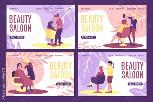 Beauty salon landing page template. Hairdresser making hairstyle in salon website interface. Cosmetology, haircutting and barber service concept flat vector illustration