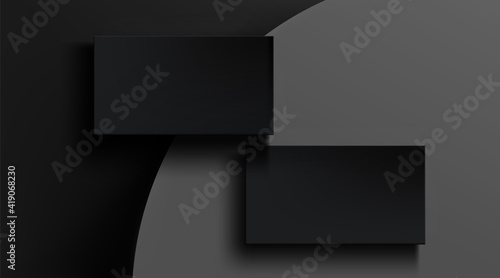 Black business cards template on gray abstract background. Vector realistic mockup of 3d blank matte name cards. Design set of empty paper stationery for company presentation with contact information