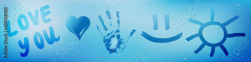Misted glass or mirror with wipe stains in shape of heart, text, sun and hand palm. Vector realistic background of wet window with rain or condensation drops with clean stains from finger drawing