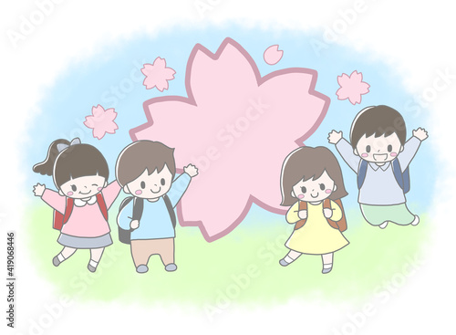 かわいい小学生4人と大きな桜の花の春の入学進級手描き風イラスト