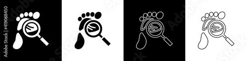 Set Magnifying glass with footsteps icon isolated on black and white background. Detective is investigating. To follow in the footsteps. Vector.