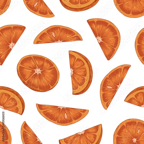 Seamless pattern with slices and sections of orange fruit on white background...