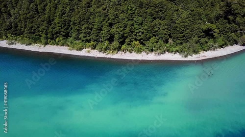Drone shot of the colors of the water at Nahuel Huapi lake, near Puerto Blest