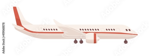 Side view of passenger airplane or aircraft with undercarriage. Profile of air plane isolated on white background. Flat cartoon vector illustration of aeroplane with portholes, wings and engines