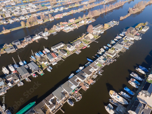 Aerial of the harbour of Scheendijk Loosdrechtse Plassen near Breukelen in The Netherlands. Waterways landscape. photo