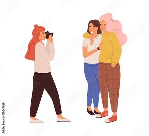 Photographer taking photo of lesbian love couple. Young woman with camera shooting portrait of smiling female friends. Colored flat vector illustration of photoshoot isolated on white background