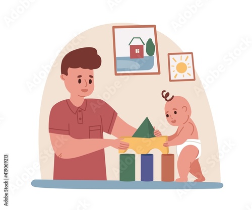 Young father playing with baby. Dad spending time with toddler during paternity leave. Fatherhood concept. Colored flat cartoon vector illustration of daddy with son isolated on white background