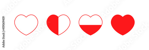 Set, collection of cute vector red hearts isolated on white background. Whole and outlined heart icons, symbols.
