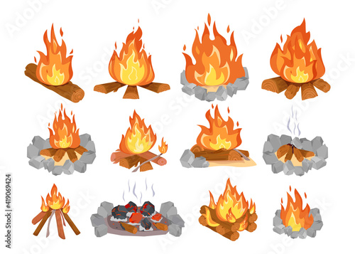 Creative colorful wood campfire flat illustration set. Cartoon bright various bonfires with wooden logs isolated vector illustrations. Camping fire, travel and adventure concept