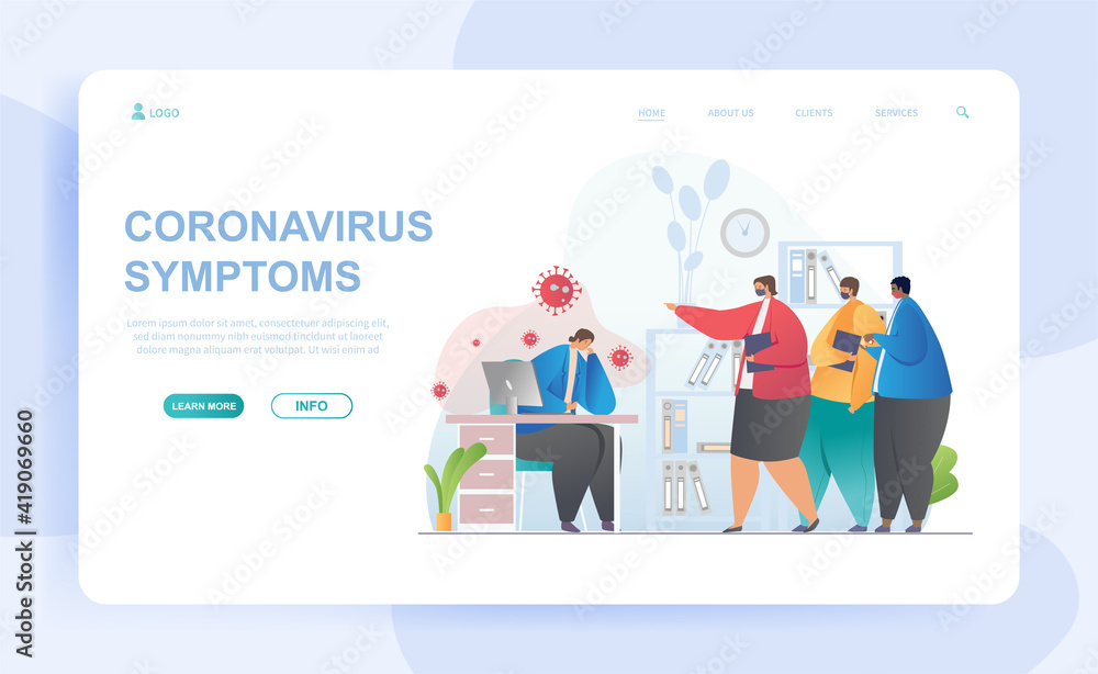 Sick female character is having coronavirus symptoms at work. oronavirus symptoms. Colleagues are standing aside in masks. Website, web page, landing page template. Flat cartoon vector illustration