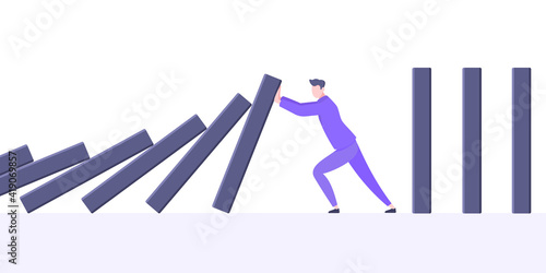 Business resilience or domino effect metaphor vector illustration concept. Adult young businessman pushing falling domino line business concept of problem solving and stopping domino chain reaction.