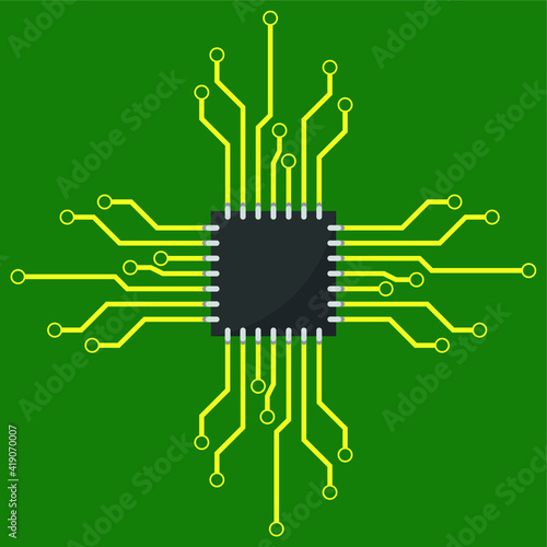 Computer chip. Digital chip. Modern technology processor. Flat cartoon illustration