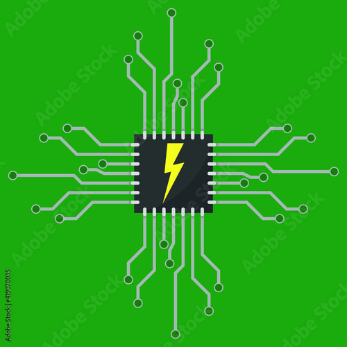 Computer chip. Digital chip. Modern technology processor. Flat cartoon illustration