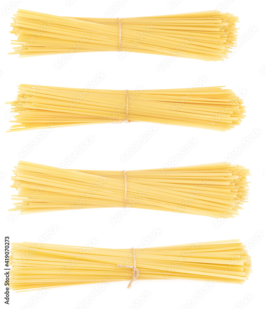 Collage bunch of pasta isolated on white background. spaghetti tied with rope Collage bunch of pasta isolated on white background. spaghetti tied with rope