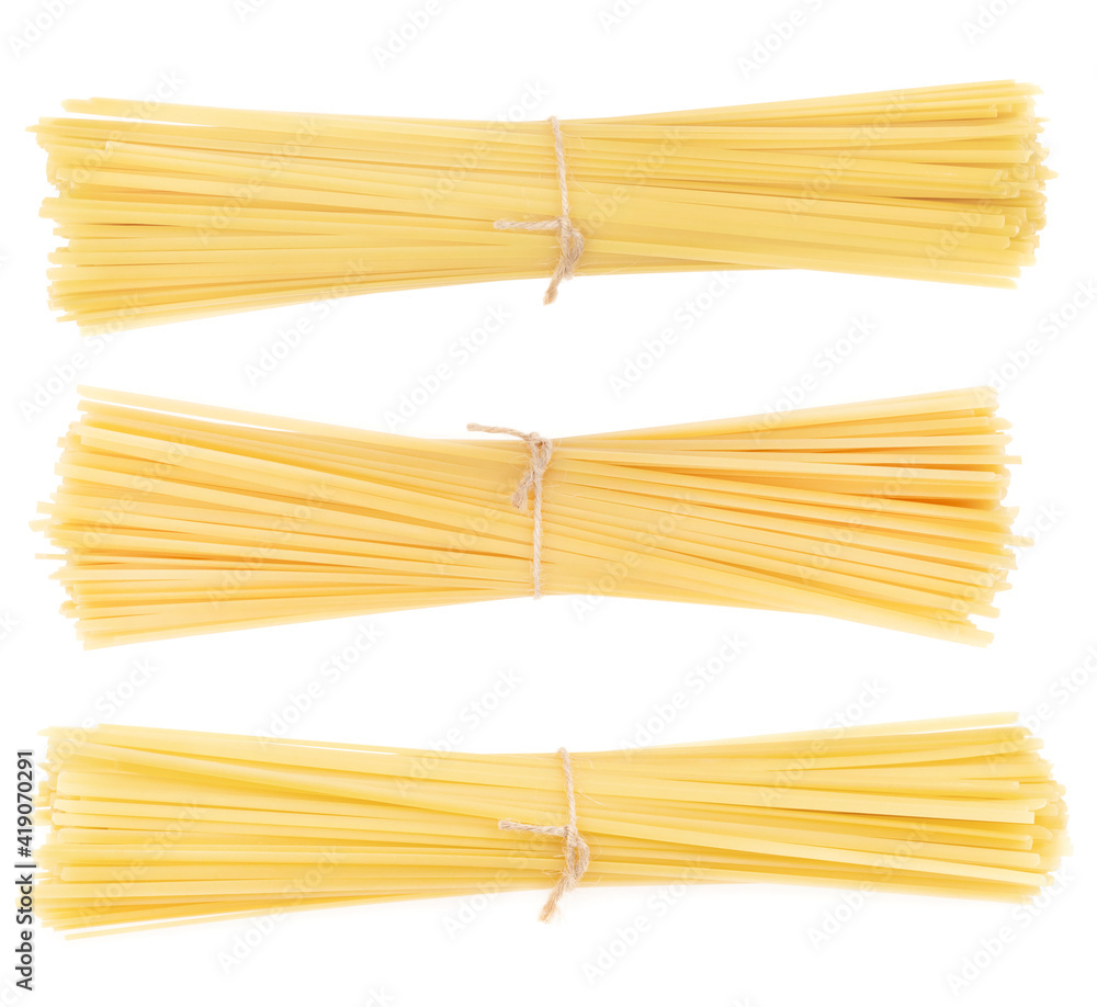 Collage bunch of pasta isolated on white background. spaghetti tied with rope Collage bunch of pasta isolated on white background. spaghetti tied with rope