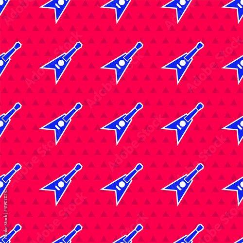 Blue Electric bass guitar icon isolated seamless pattern on red background. Vector.