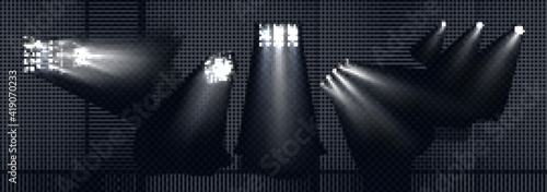 Spotlights, stage light white beams, glowing design elements for studio, stadium or theater scene. Lamps rays for concert, show presentation isolated on transparent background, Realistic 3d vector set