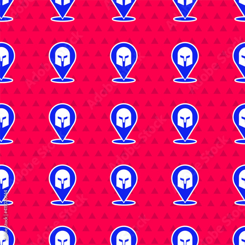 Blue Greek helmet icon isolated seamless pattern on red background. Antiques helmet for head protection soldiers with a crest of feathers or horsehair. Vector.