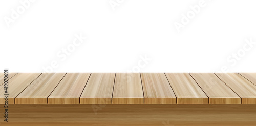 Wooden table foreground, wood tabletop front view, light brown rustic countertop surface. Outdoor dining desk plank texture isolated on white background, Realistic 3d vector illustration, mock up