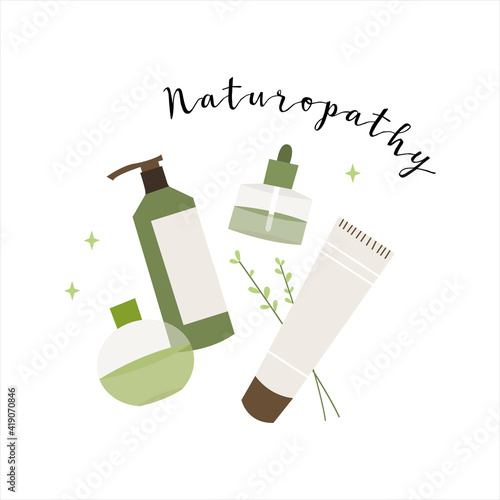 Homeopathy, naturopathy. Complementary, alternative, integrative, holistic medicine. Natural organic herb. Apothecary bottle. Vector flat cartoon illustration