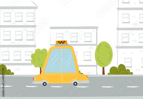 Cartoon taxi on road. Street in the city. Cute texture hand draw illustration. Vector 