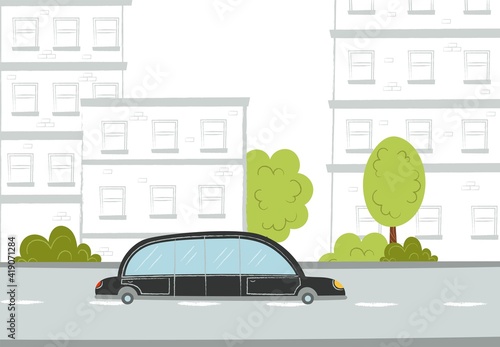 Cartoon black limousine on road. Black car. Street in the city. Cute texture hand draw illustration. Vector 