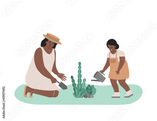 Vector flat illustration with cartoon characters. African American mother in straw hat plants flowers by spatula and smiling little girl waters leaves in garden. Happy  holidays with family in nature
