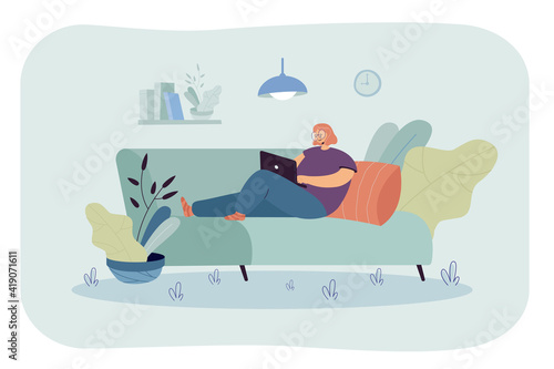 Woman using computer to surf internet. Girl with laptop sitting on sofa and working at home. Vector illustration for relaxing, free time or freelance concept