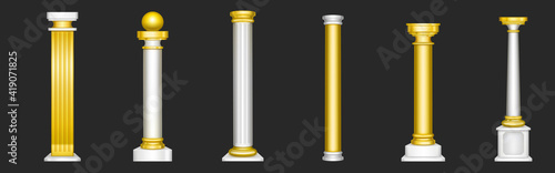 Ancient roman columns, gold and white marble architecture decor. Vector realistic set of 3d antique greek white stone pillars with golden capitals isolated on black background