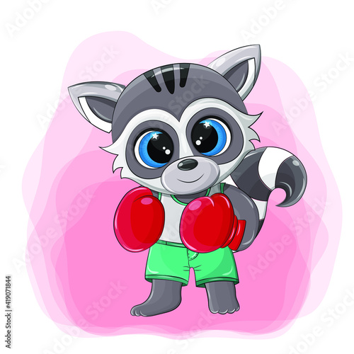 A cute raccoon who is boxing. A confident vector athlete smiles while waiting for the competition, he has been preparing for them for a long time, and he will show everyone what he is worth.