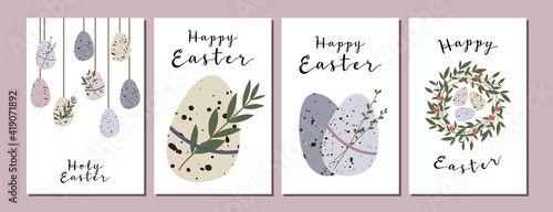 Easter cards. Cute easter egg, nest, branch and leaves. Eco rustic decoration. Vector flat cartoon illustration. Perfect for poster, print, card, invitation, greeting, tag