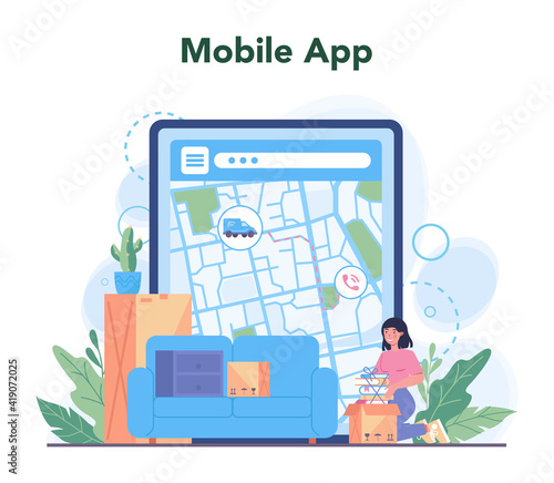 Loader online service or platform. Delivery man holding box.